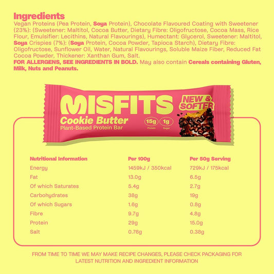 Misfits Vegan Protein Bars, Cookie Butter - Updated Recipe | Low Sugar & Carb, High Fibre Snacks | Pack Of 15