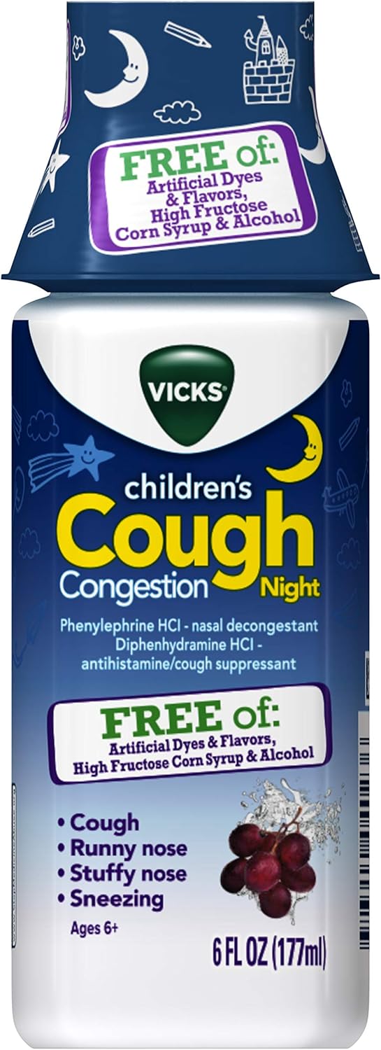 Vicks Children'S Nighttime Cough & Congestion Relief, Free Of: Artificial Dyes & Flavors, High Fructose Corn Syrup & Alcohol, Grape Flavor, For Children Ages 6+, 6 Fl Oz