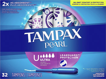 Tampax Pearl Tampons Ultra Absorbency With Bpa-Free Plastic Applicator And Leakguard Braid, Unscented, 32 Count