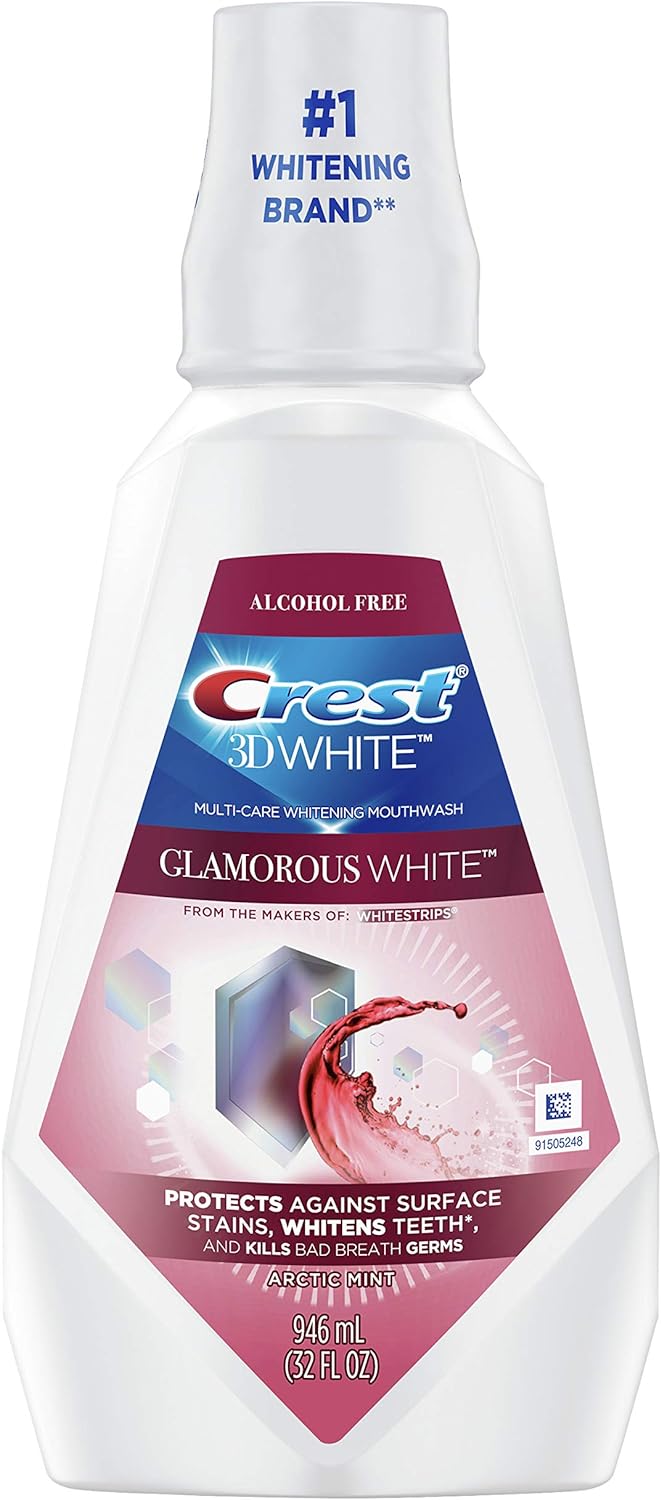 Crest 3D White Glamorous White Mouthwash, Alcohol Free Multi-Care Whitening Mouthwash, Arctic Mint, 32 Fl Oz (946 Ml)