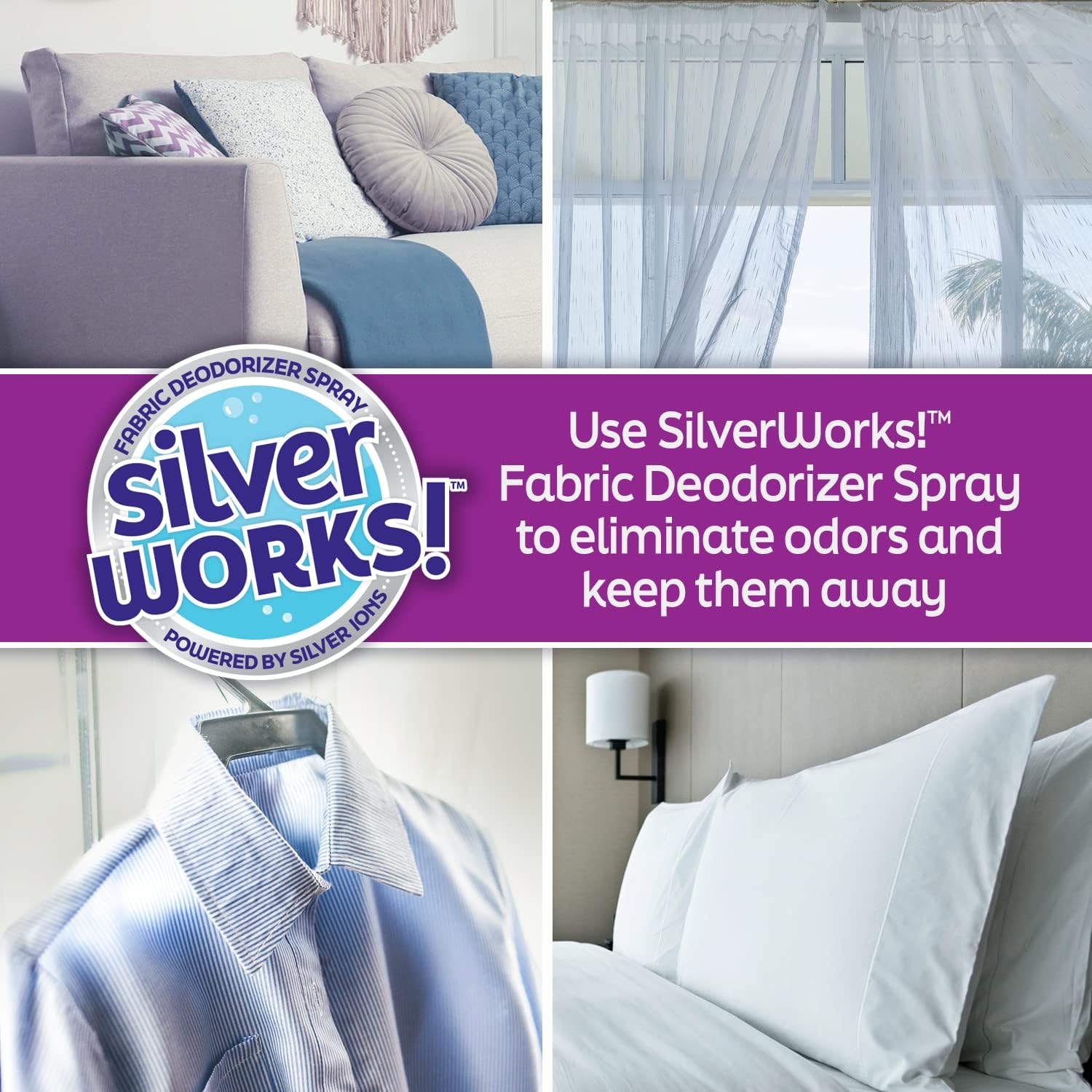 SilverWorks! Fabric Spray Odor Eliminator For Home - Powerful, Natural Silver Ion Deodorizing Technology - Clothes, Furniture And Couch Deodorizer Odor Eliminator And Refresher Spray -16.9oz : Health & Household