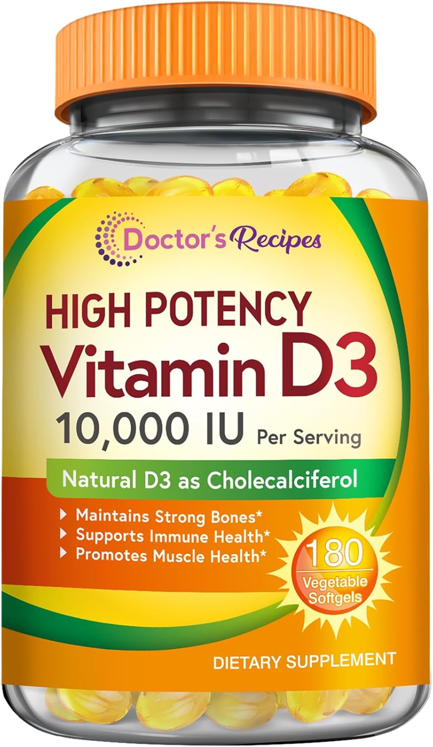 Doctor'S Recipes Vitamin D3 10000 Iu, Immune Support For Bones, Teeth, And Muscle Function, Non-Gmo, No Gelatin, Gluten Or Soy, 90 Days Supply, 180 Vegetarian Softgels
