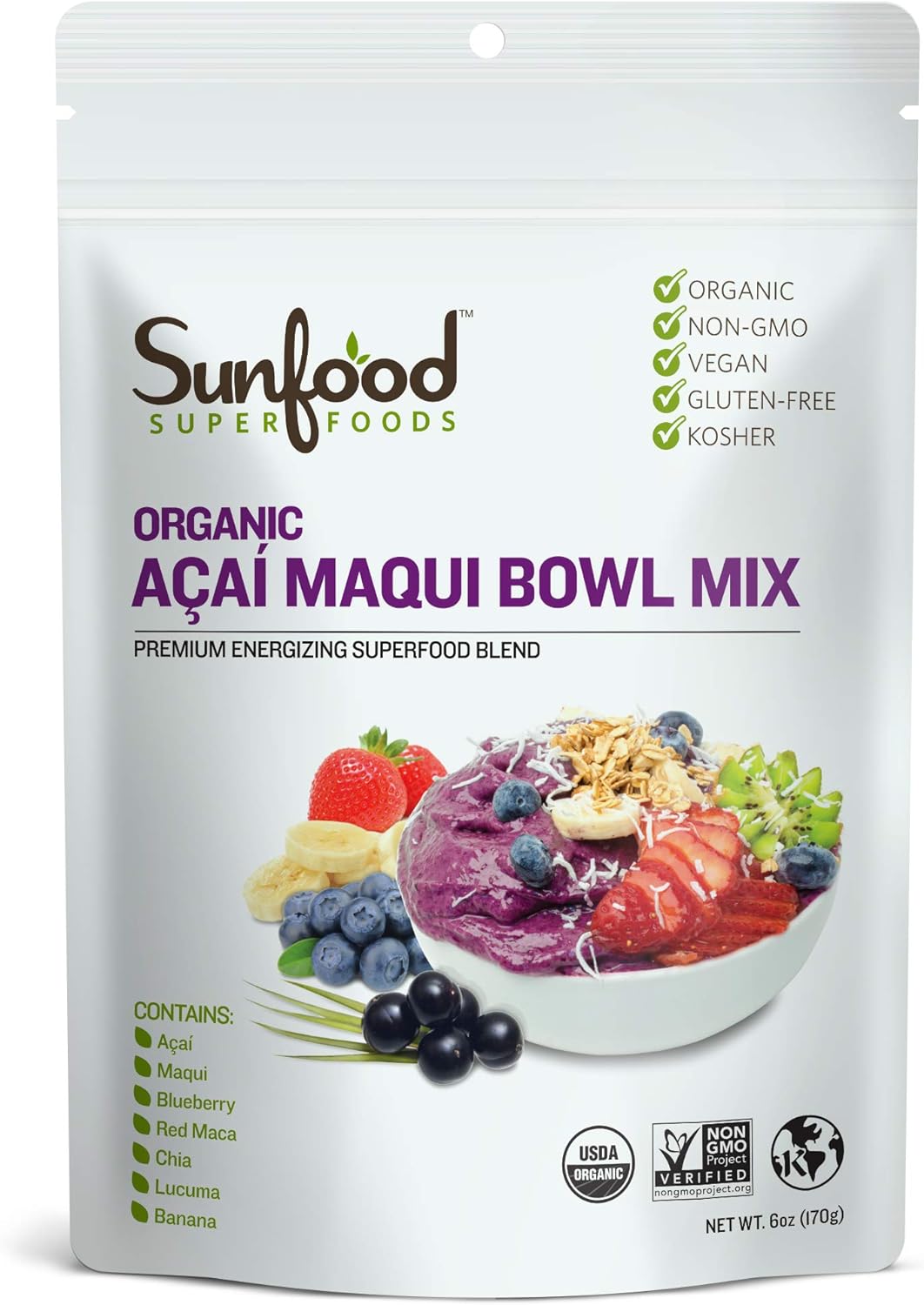 Sunfood Superfoods Acai Powder Smoothie Mix for Maqui Berry Acai Bowls, Gluten Free, Vegan & Low Calorie Healthy Snack with 100% Natural Organic Ingredients, No Added Sugar, 6 oz Bag, 11 Servings