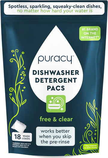 Puracy Dishwasher Pods, 18 Count, Natural Dishwasher Detergent, Free & Clear Enzyme-Powered Automatic Dishwasher Pod, Spot and Residue-Free Dish Tabs, 2-in-1 Dishwasher Soap and Rinse Aid