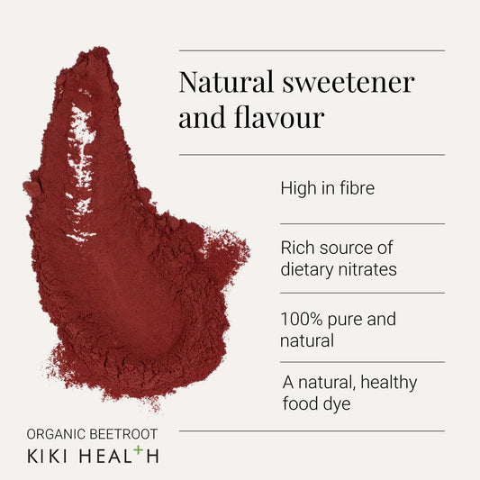 Kiki Health - Organic Beetroot Powder - 100% Pure, Rich Source Of Dietary Nitrates - Natural Sweetener & Flavour - High In Fibre, Natural & Healthy Food Dye, Delicious Recipes - 200G