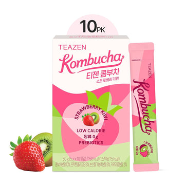 Teazen Strawberry Kiwi Kombucha Tea, Hydration Drink Mix, Sugar Free, Live Probiotics & Prebiotics, 10 Sticks, 1.76Oz