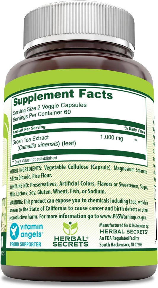 Amazing Nutrition Herbal Secrets Green Tea Extract 1000 Mg Per Serving | Veggie Capsules Supplement | Non-Gmo | Gluten-Free | Made In Usa (1 Pack, 120 Count)