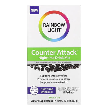 Rainbow Light Counter Attack Nighttime Immune Support Drink Mix with Elderberry, Vitamin C, Zinc, Magnolia and Melatonin in Elderberry-Citrus Flavor, 10 Packets