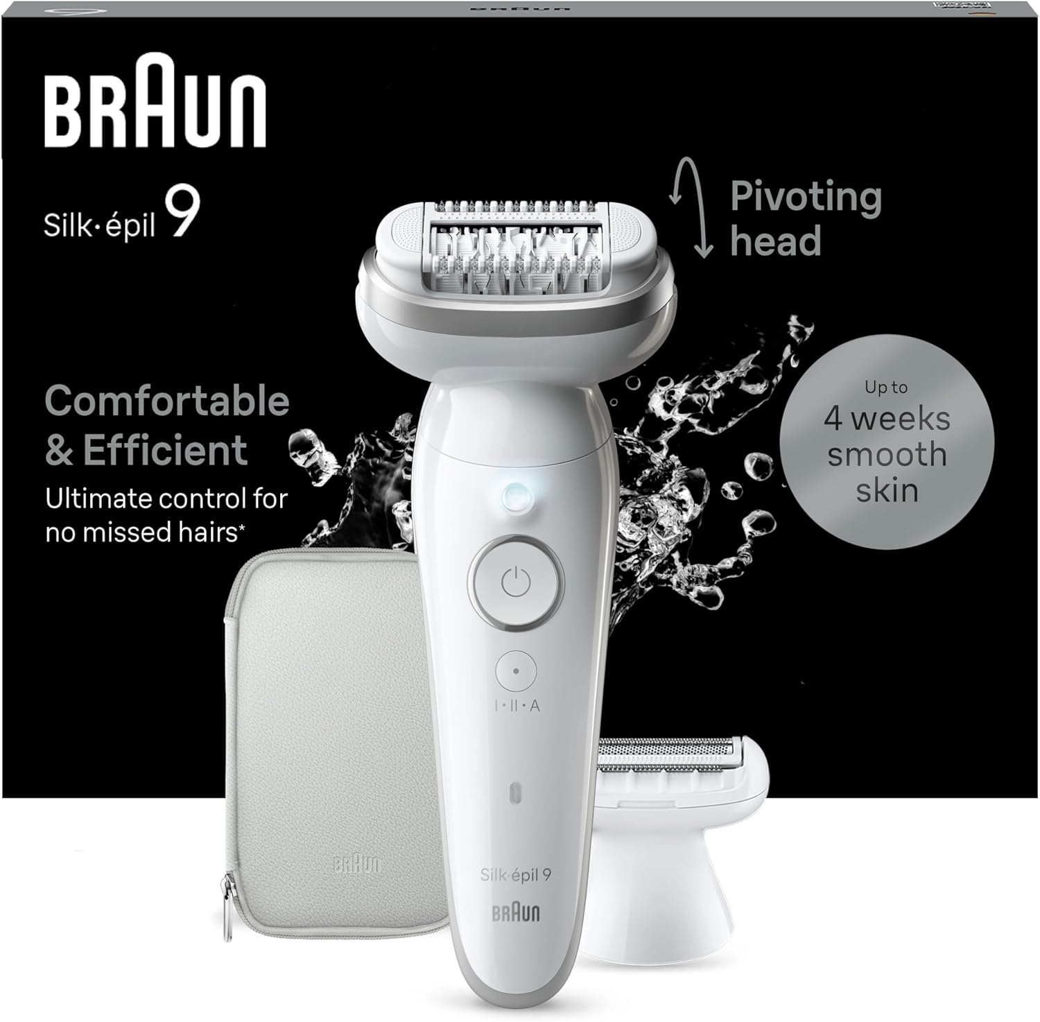 Braun Silk-Épil 9 Epilator With Pivoting Head, Braun Epilator For Women, Easy Hair Removal Device, Women'S Electric Shavers, Wet & Dry,Lasting Smooth Skin, With Lady Shaver Head & Trimmer Comb