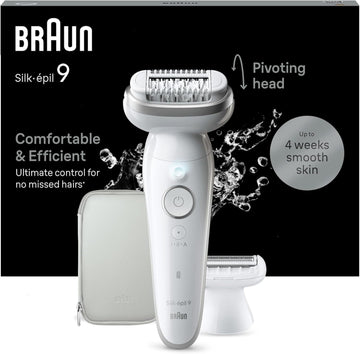 Braun Silk-Épil 9 Epilator With Pivoting Head, Braun Epilator For Women, Easy Hair Removal Device, Women'S Electric Shavers, Wet & Dry,Lasting Smooth Skin, With Lady Shaver Head & Trimmer Comb