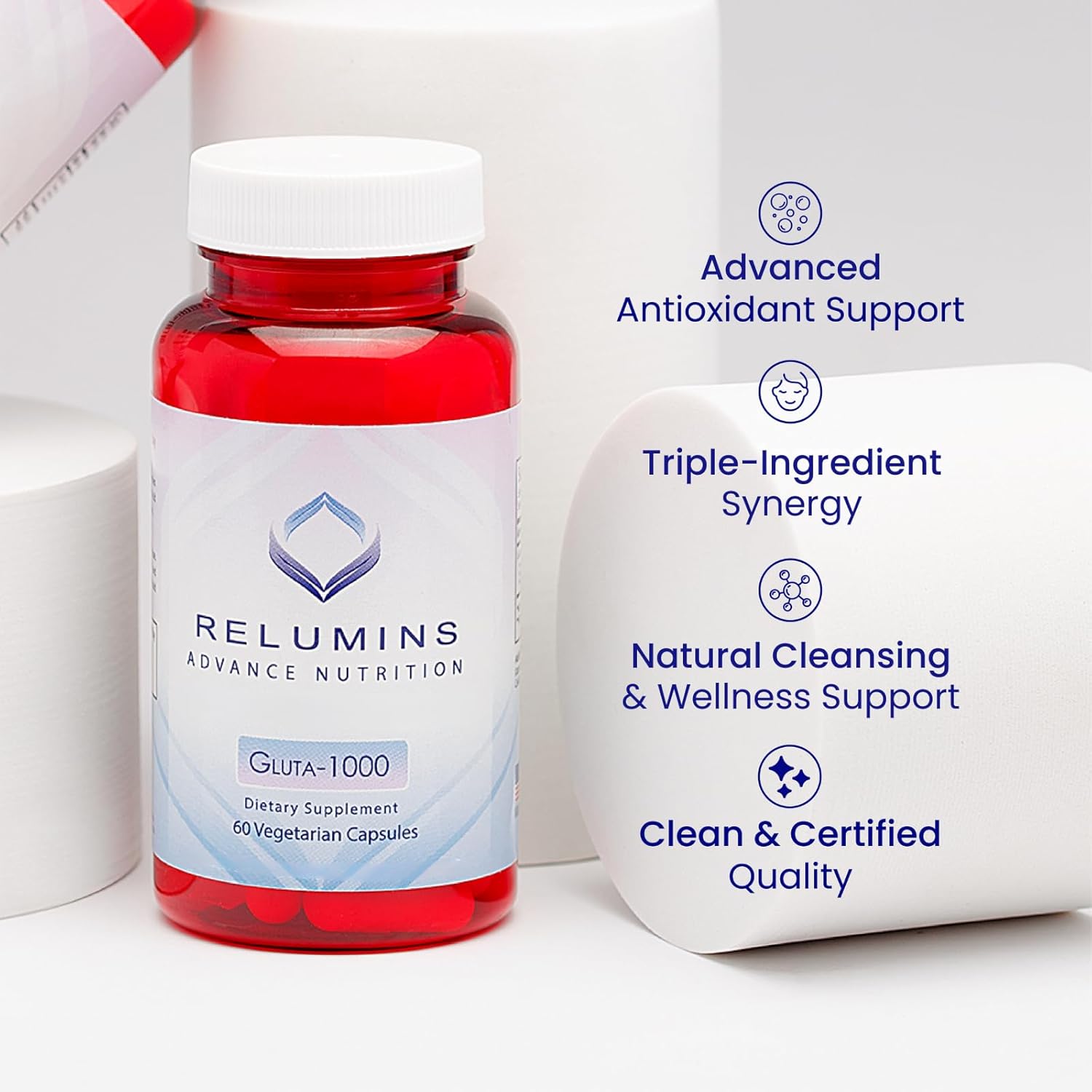 Relumins Advance Nutrition Gluta 1000 - Reduced L-Glutathione, Alpha Lipoic Acid & Rose Hips - Antioxidant Support For Skin & Overall Wellness - 30 Veg Capsules X 5 Bottles (75-Day Supply) : Health & Household