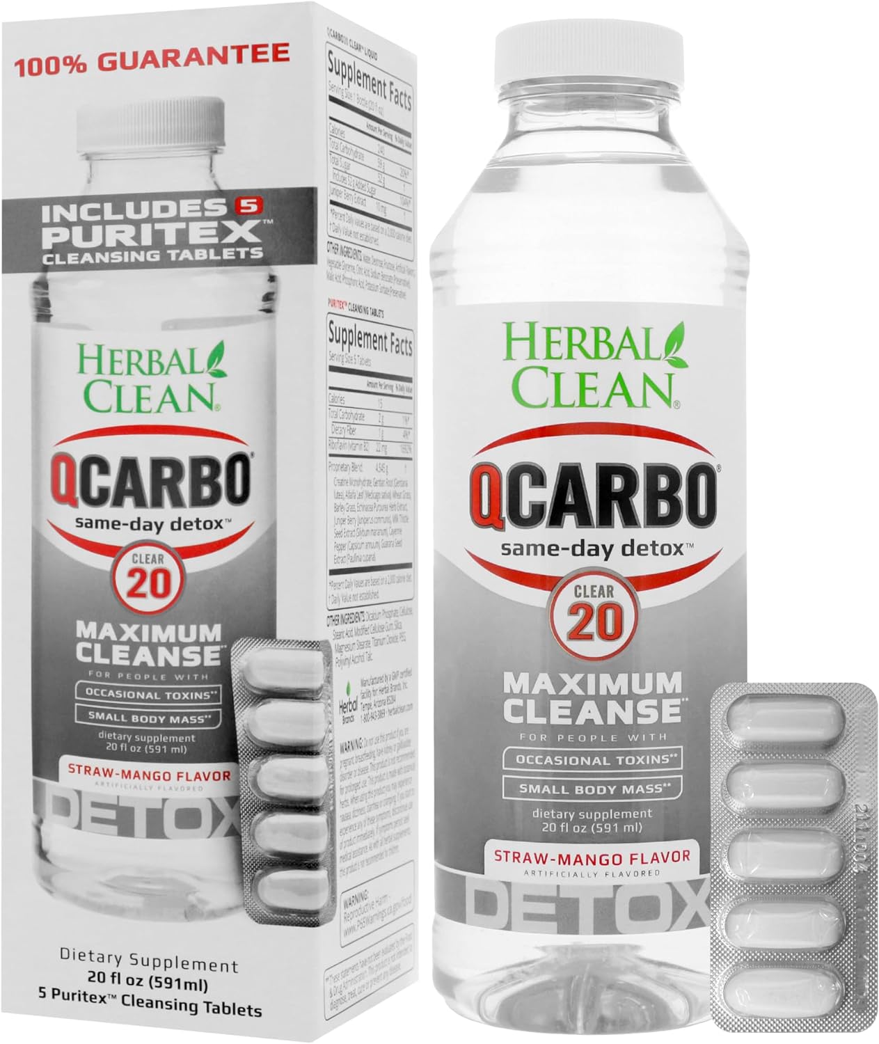 Herbal Clean QCarbo 20 Same-Day Premium Detox Drink, Strawberry Mango Flavor, 20 Fl Oz, and Tablets, 5 Count