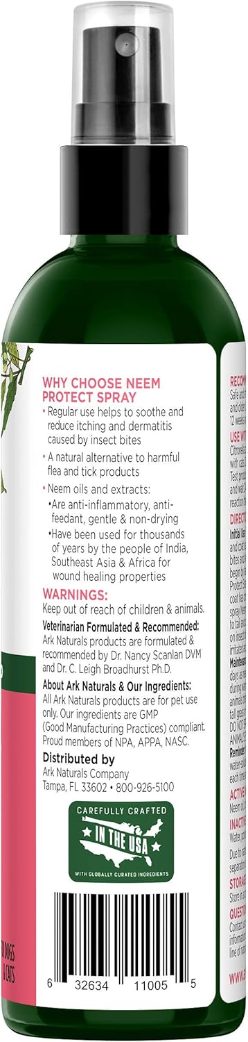 Ark Naturals Neem Protect Spray, Relieves Itching And Irritation On Cats And Dogs, 8Oz Spray Bottle,Whites & Tans