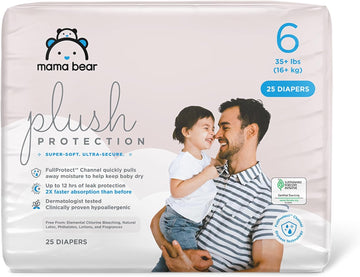 Amazon Brand - Mama Bear Plush Protection Diapers - Size 6, 25 Count, Hypoallergenic Premium Disposable Baby Diapers, White And Cloud Dreams