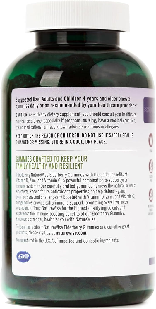Naturewise Sambucus Elderberry Gummies - Immune Support Supplement For Kids Ages 4+ & Adults With Vitamin C, D3, Zinc - Elderberries Equivalent To 3520Mg - Vegan, Non-Gmo - 180 Count[90-Day Supply]