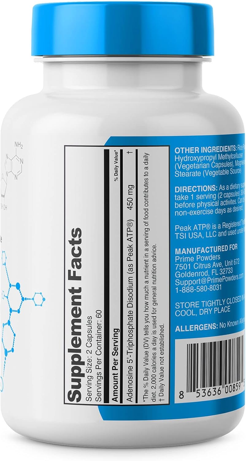 Prime Powders Atp Capsules - 120 Capsules - Adenosine Triphosphate Disodium - 400Mg Per Serving - Boost Energy Endurance Stamina : Health & Household