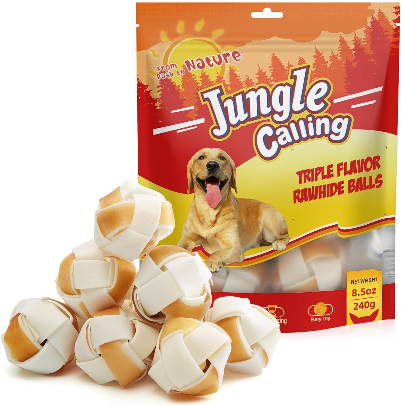 Jungle Calling Dog Treats, Chewing Snacks Rawhide Treats For Medium And Large Dogs, Triple Flavor Rawhide Balls, Dog Rawhide Chews Long Lasting, Chicken & Duck Flavor, 8 Count