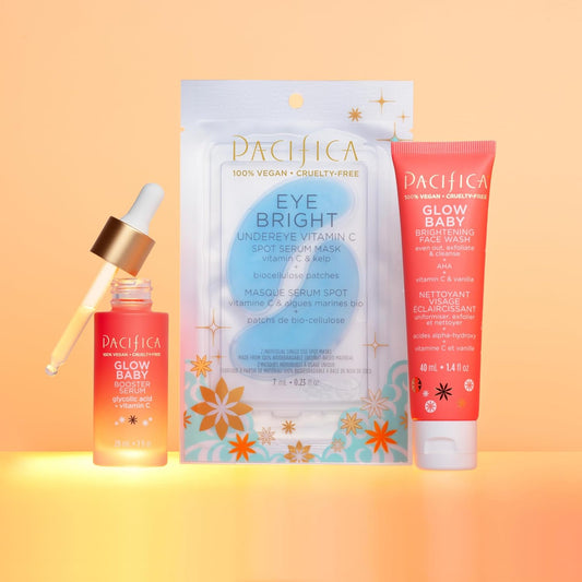 Pacifica Beauty | Glow Baby Vitamin C Trial + Value Kit | 3-Piece Skin Care Gift Set | Travel Friendly | Brightening Face Serum, Face Wash/Cleanser, Under Eye Patches | Glycolic Acid, Aha | Vegan