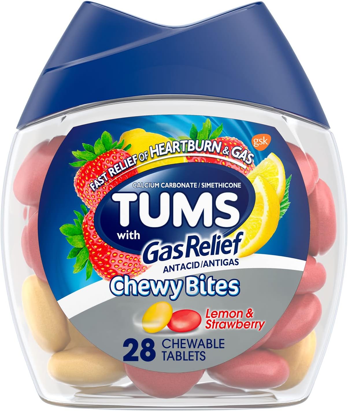 Tums Chewy Bites Chewable Antacid Tablets With Gas Relief, Lemon & Strawberry -, Assorted Berries 28 Count (Pack Of 1) (Packaging May Vary)