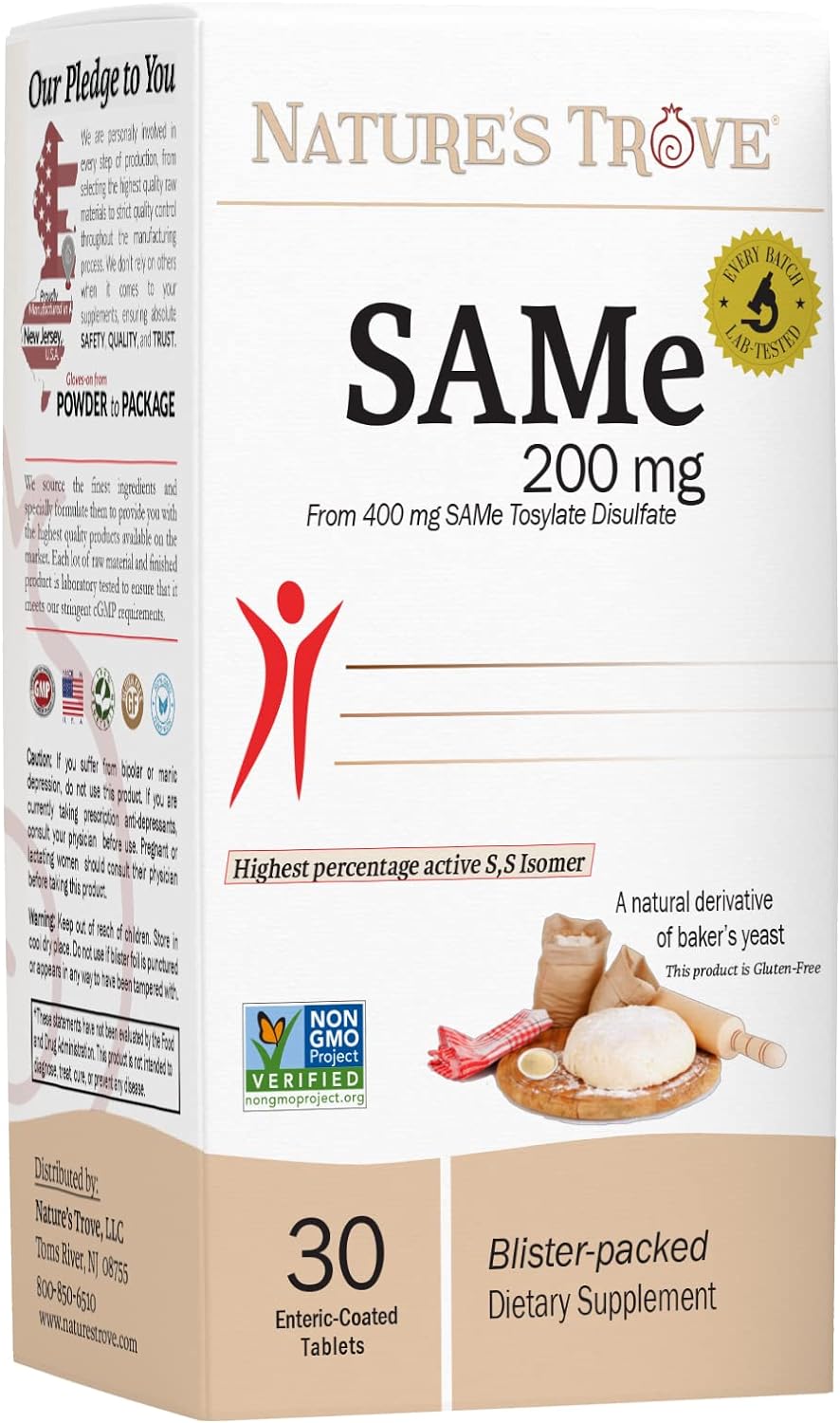 Nature's Trove SAM-e 200mg Daily Supplement - Mood and Joint Comfort - 30 Enteric Coated Tablets - Cold Form Blister Packed