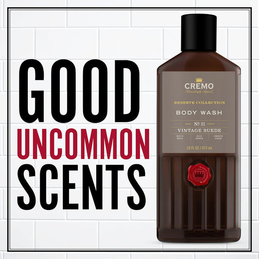 Cremo Rich-Lathering Vintage Suede Body Wash for Men, A Vintage Suede with Notes of White Moss and Rich Amber, 16 Fl Oz