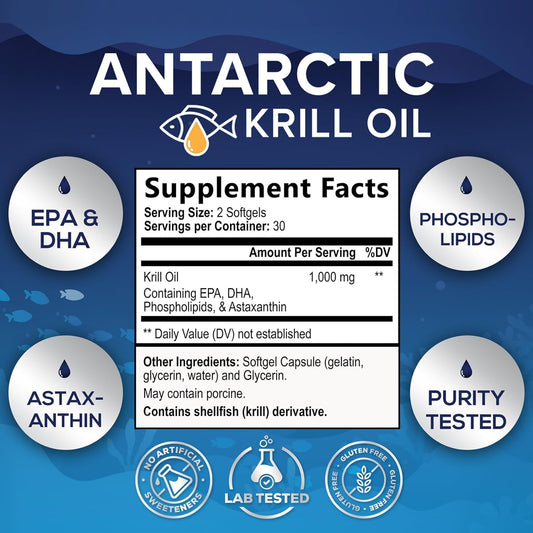 Antarctic Krill Oil 1000mg, Omega-3s EPA, DHA, with Astaxanthin Supple