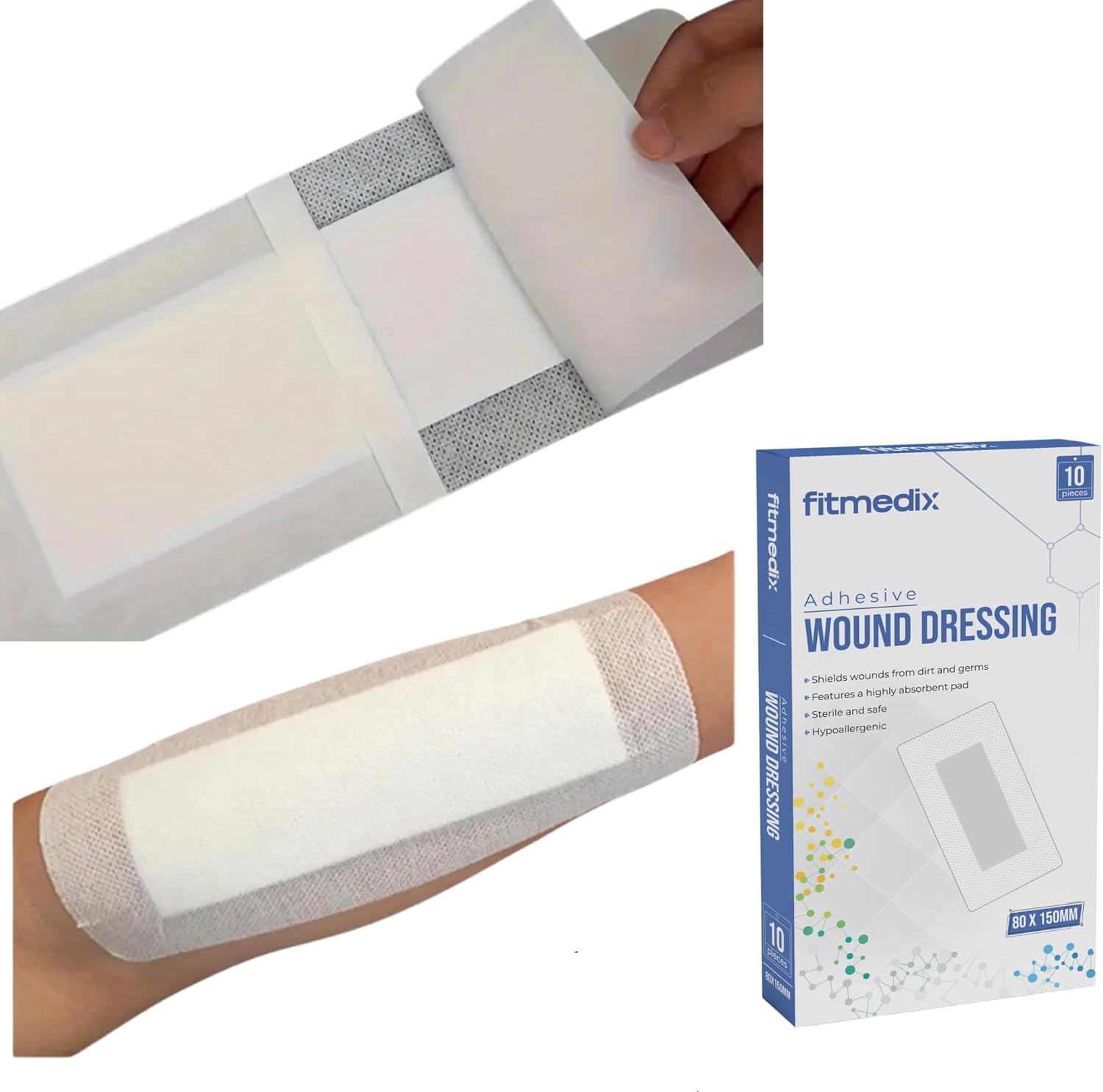 Adhesive Wound Dressings (80Mm X 150Mm) - **Pack Of 10** Sterile Dressings For Wounds, Cuts, Grazes, Diabetic Leg Ulcers, Venous Leg Ulcers & Small Pressure Sores- Hypoallergenic Plasters For Wounds