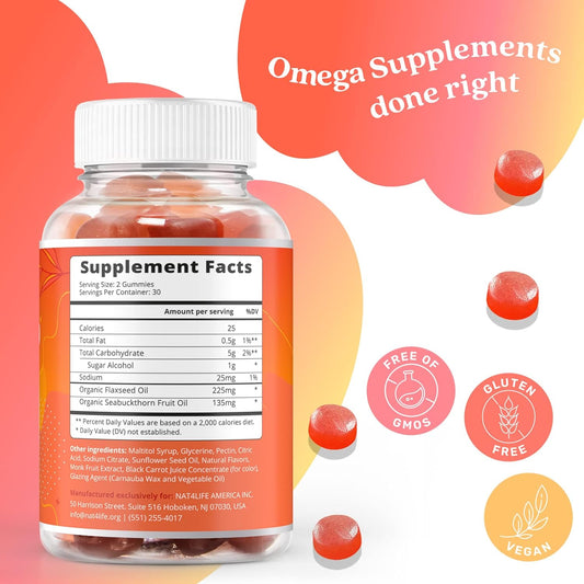 Organic Omega 3 Gummies With Omegas 6, 7, 9, Dha & Epa From Flaxseed Oil And Sea Buckthorn Fruit Oil - Sugar-Free, Supports Brain, Heart, Eye & Immune System, Supplements For Kids & Adults (60 Ct)