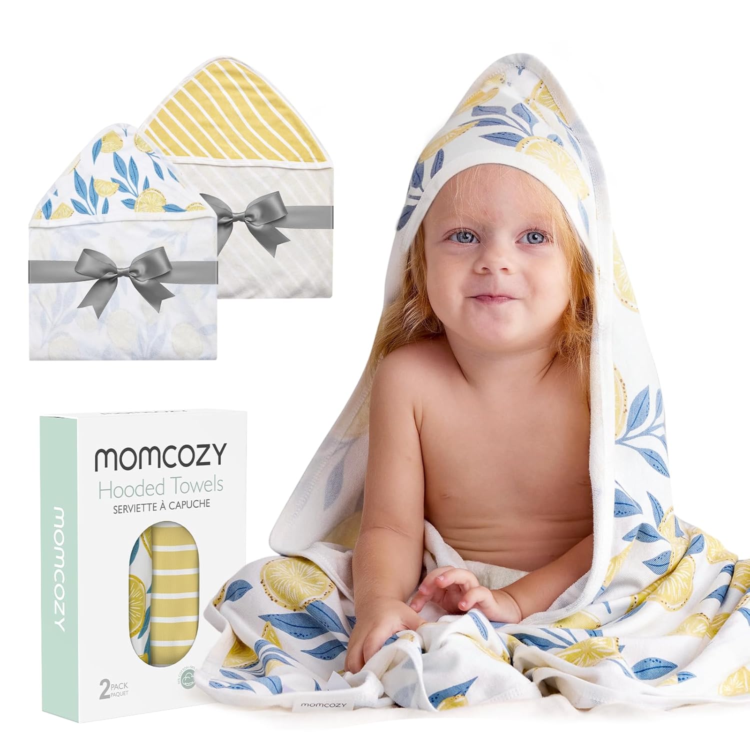 Momcozy Hooded Baby Towel, 2 Pack Baby Bath Towel Set With Large 35 X 35 Inch, Super Soft Cotton And Hooded Towel For Newborn, Toddler And Kid, Lemon Leaves