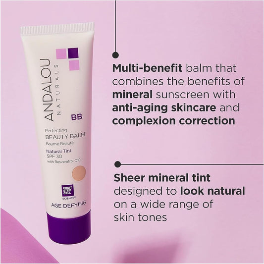 Andalou Naturals Perfecting BB Beauty Balm Natural Tinted Moisturizer with SPF 30, 2-in-1 BB Cream & Face Sunscreen with Broad Spectrum Protection, Mineral Sunscreen with Non-Nano Zinc Oxide, 2 Fl Oz