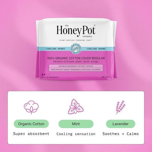 The Honey Pot Company - 80Ct - Herbal Pads For Women - Regular Flow W/Wings - Infused W/Essential Oils For Cooling Effect & Organic Cotton Cover - Sanitary Pads For Women - Feminine Care - Fsa & Hsa