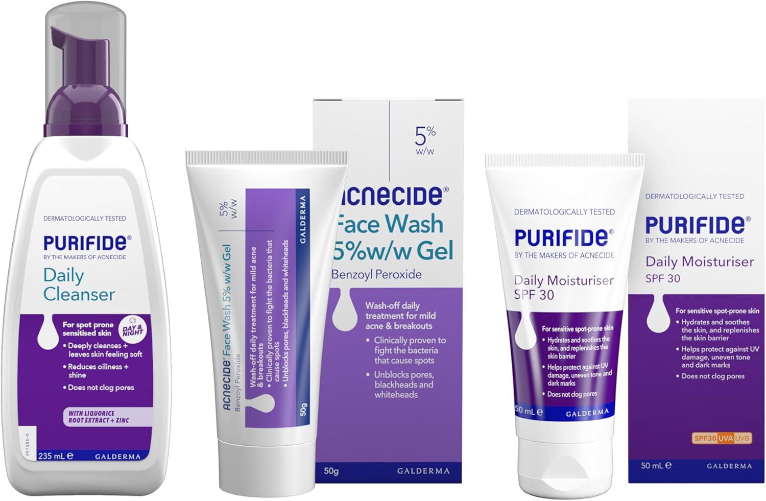 Acnecide + Purifide Double Cleanse Skincare Set, With Acnecide Face Wash Gel For Blackheads & Acne Prone Skin(50G), Purifide Spf 30 Moisturiser (50Ml) + Daily Cleanser (235Ml)