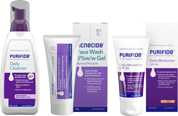 Acnecide + Purifide Double Cleanse Skincare Set, With Acnecide Face Wash Gel For Blackheads & Acne Prone Skin(50G), Purifide Spf 30 Moisturiser (50Ml) + Daily Cleanser (235Ml)