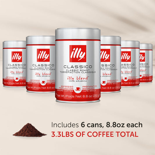 Illy Ground Coffee Espresso - 100% Arabica Coffee Ground – Classico Medium Roast - Notes Of Caramel, Orange Blossom & Jasmine - Rich Aromatic Profile - No Preservatives – 8.8 Ounce, 6 Pack