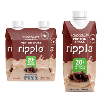 Ripple Vegan Protein Shake, Chocolate | 20G Nutritious Plant Based Pea Protein In Ready To Drink Cartons | Non-Gmo, Non-Dairy, Soy Free, Gluten Free, Lactose Free | Shelf Stable | 11 Fl Oz (4 Pack)