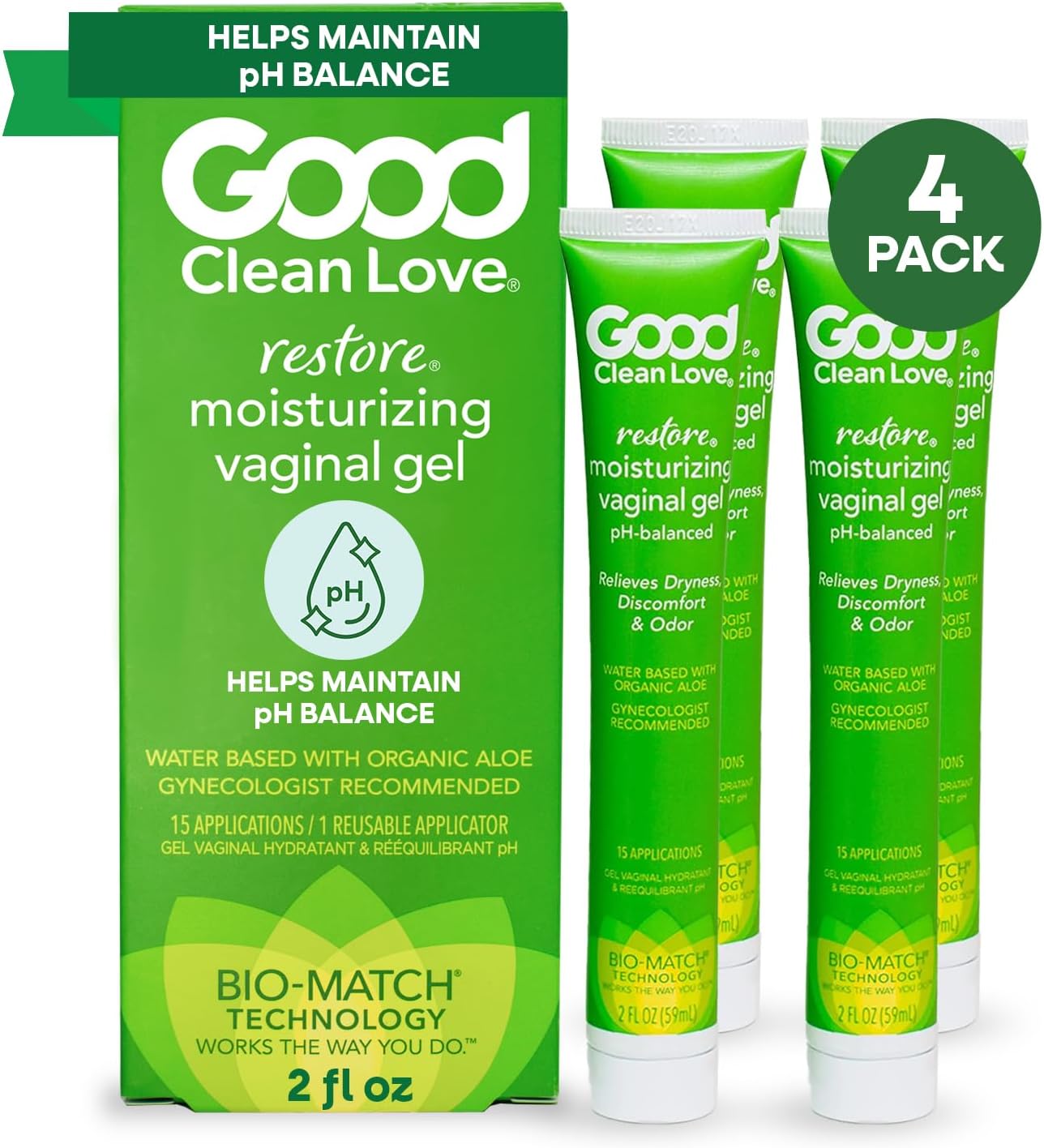 Good Clean Love Restore Moisturizing Vaginal Gel, Ph-Balanced Vaginal Moisturizer, Water-Based Feminine Care With Aloe Vera & Lactic Acid, Reduces Dryness, Discomfort & Odor For Women, 2 Oz (4-Pack)