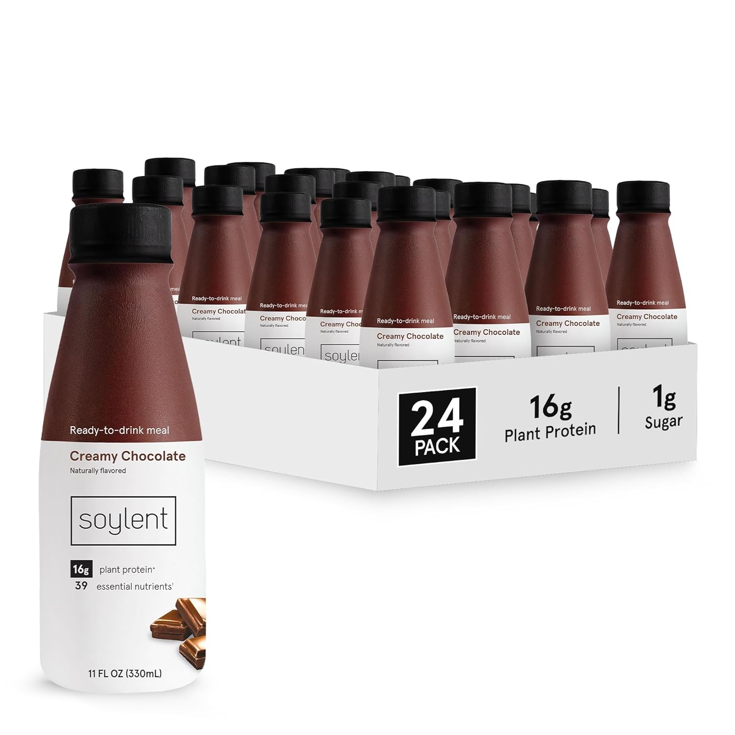 Soylent Creamy Chocolate Meal Replacement Shake, Ready-To-Drink Plant Based Protein Drink, Contains 16G Complete Vegan Protein And 1G Sugar, 11Oz, 24 Pack