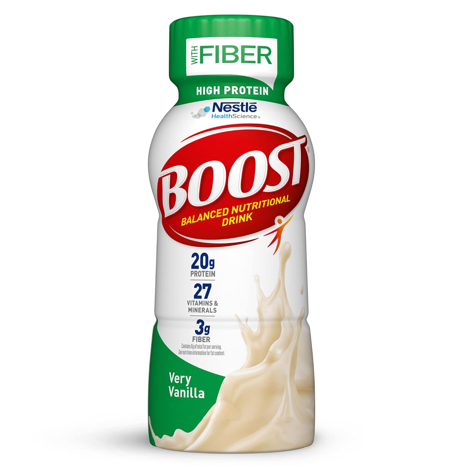 Boost High Protein With Fiber Complete Nutritional Drink, Very Vanilla, 8 Fl Oz Bottle, 24 Pack