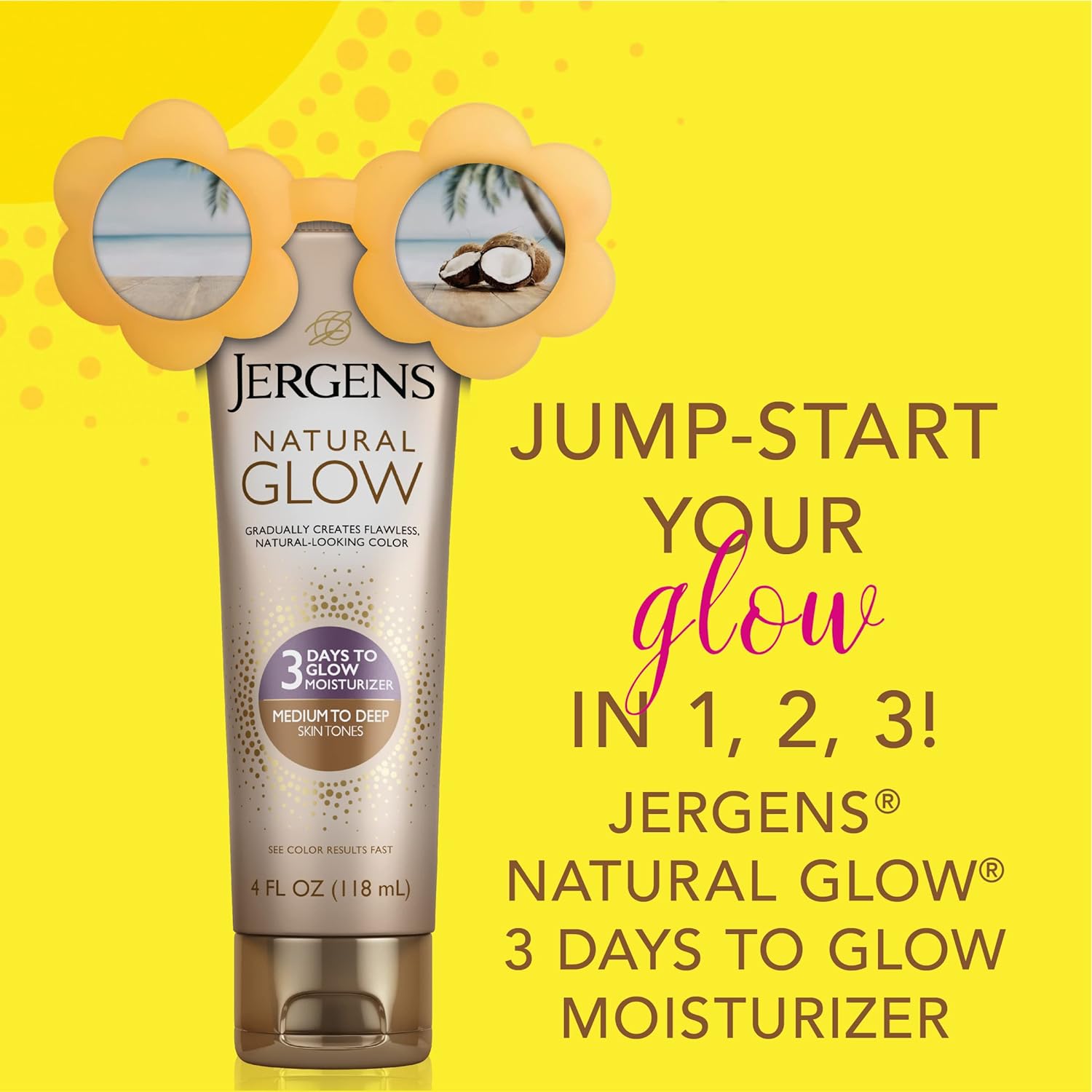 Jergens Natural Glow 3-Day Self Tanner Lotion, Sunless Tanner for Medium to Deep Skin Tone, Sunless Tanning Daily Moisturizer, for Streak-free Color, 4 Ounce, Packaging may vary