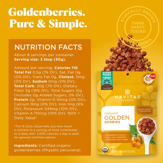 Navitas Organics Goldenberries, 8 Oz. Bag, 8 Servings — Organic, Non-Gmo, Sun-Dried, Sulfite-Free, 8 Ounce