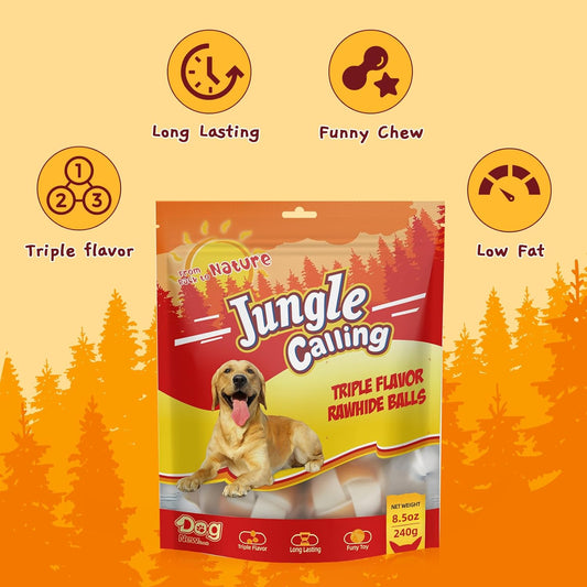 Jungle Calling Dog Treats, Chewing Snacks Rawhide Treats For Medium And Large Dogs, Triple Flavor Rawhide Balls, Dog Rawhide Chews Long Lasting, Chicken & Duck Flavor, 8 Count