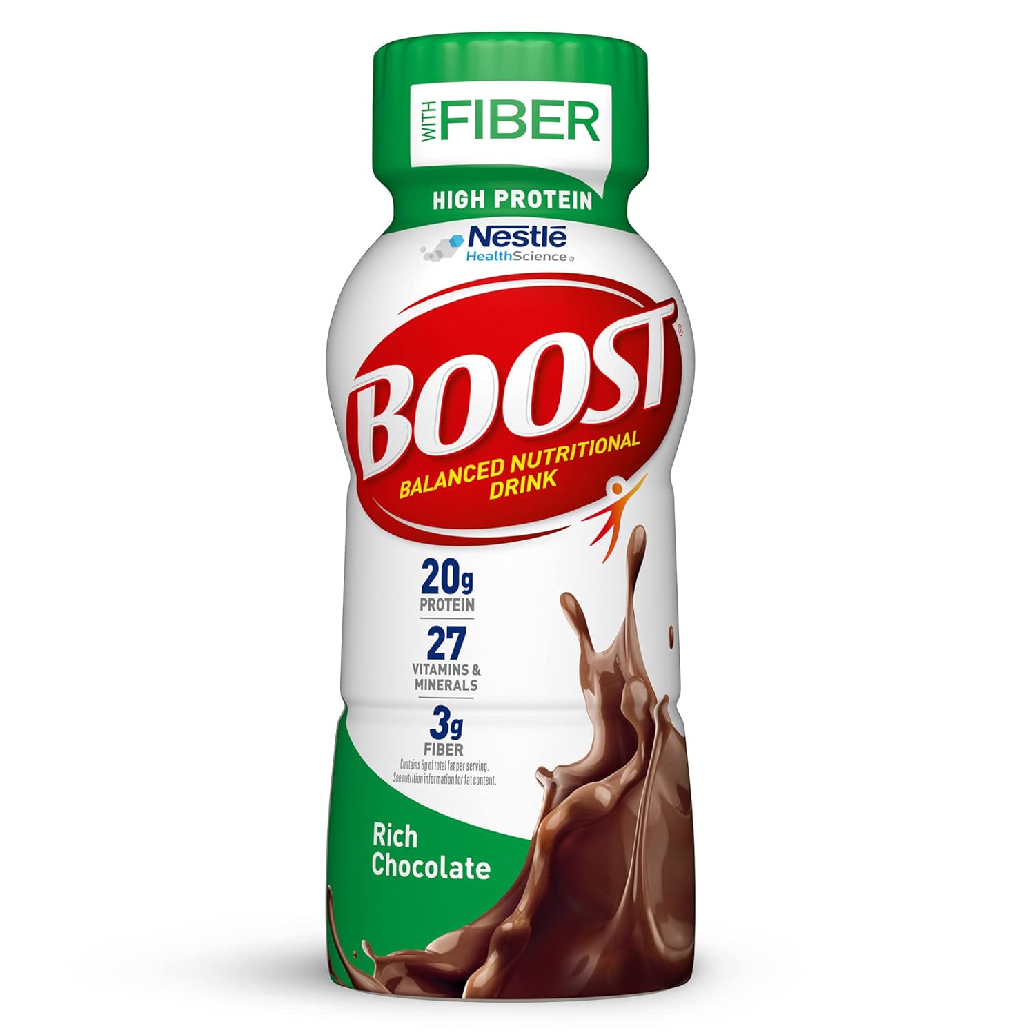 Boost High Protein With Fiber Complete Nutritional Drink, Rich Chocolate, 8 Fl Oz Bottle, 24 Pack