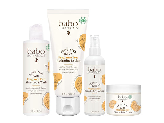 Babo Botanicals Baby Care Essentials Gift Set - Skincare, Bath & Diaper - For Delicate Skin, Fragrance-Free With Shea Butter, Includes Reusable Carry Pouch - Natural & Plant Based - 5 Items Set