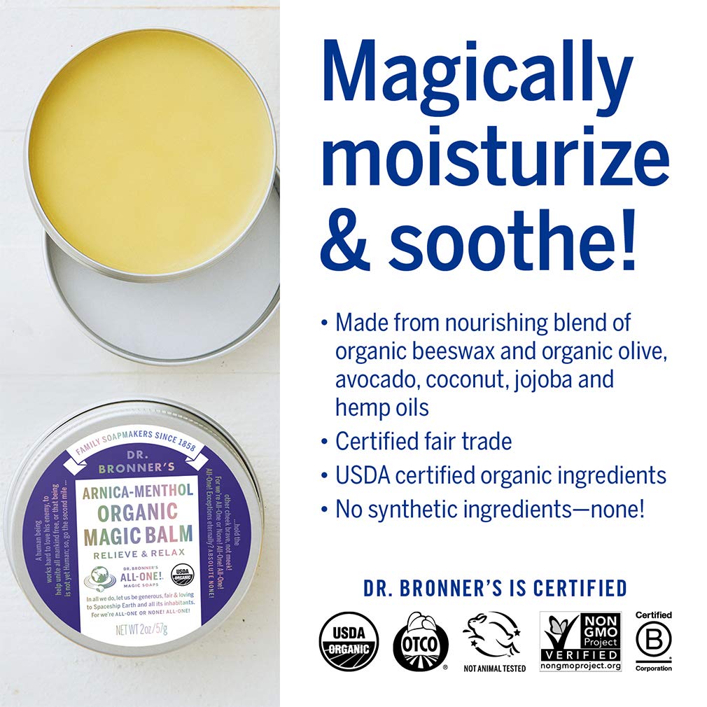 Dr. Bronner's - Organic Magic Balm - Arnica-Menthol, Made w/Organic Beeswax & Hemp Oil, Moisturizes & Soothes Hands, Face, & Body (2 oz, 2-Pack) : Health & Household