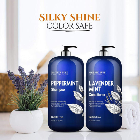 MAJESTIC PURE Peppermint Oil Shampoo and Lavender Mint Conditioner Set - Hair Growth Stimulating Formula with Biotin for Thinning Hair, Fights Hair Loss, Sulfate Free - Men and Women - 16.9 fl oz x 2