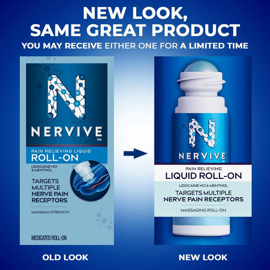 Nervive Nerve Care, Pain Relieving Roll On Liquid, Max Strength No-Mess Topical Pain Reliever With Lidocaine And Menthol For Toes, Feet, Fingers, Hands, Legs & Arms, 2.5Oz