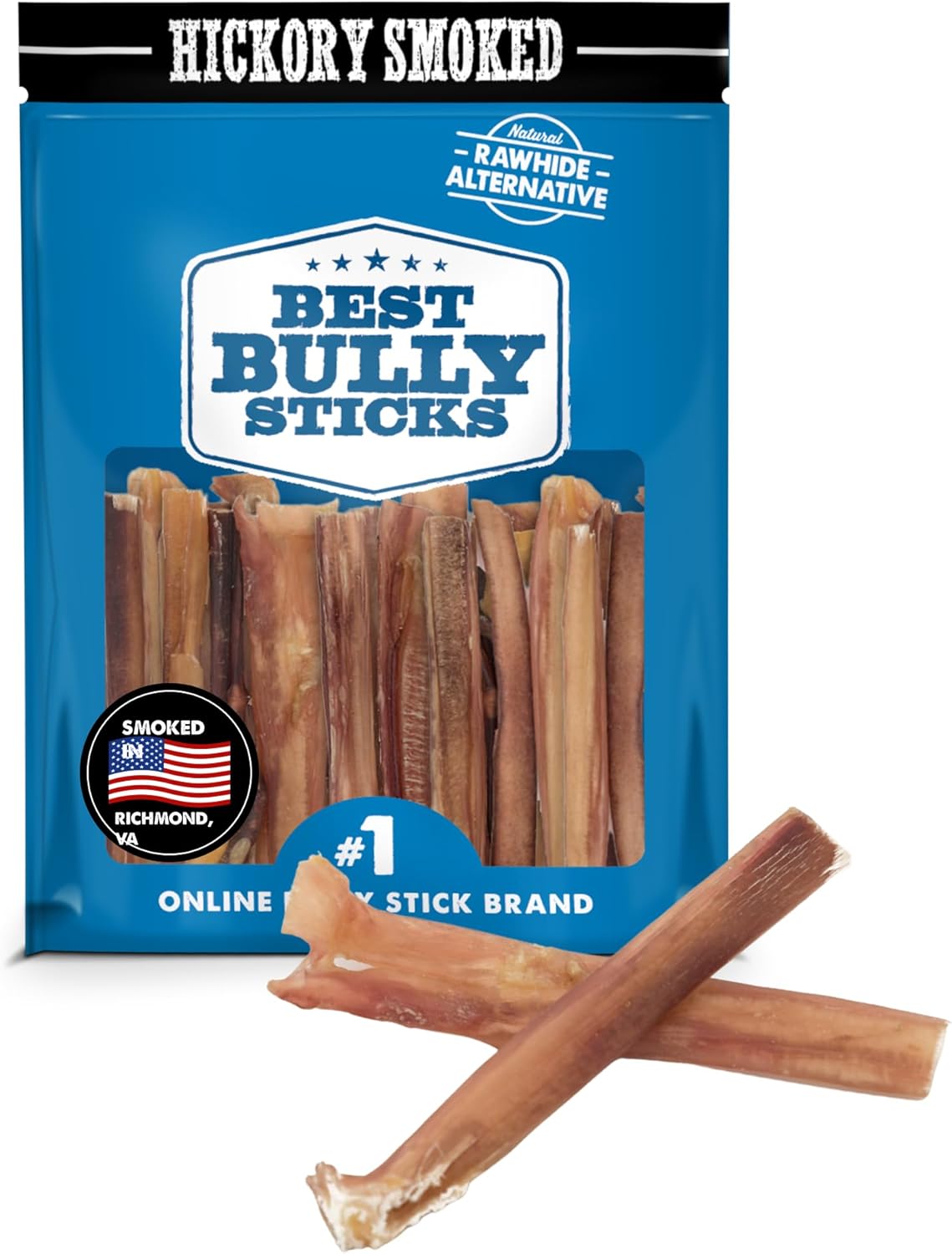 Best Bully Sticks Hickory Smoked 100% Natural 4 Inch Bully Sticks For Dogs, 8 Oz - Smoky, Odor-Free, No Additives, Grain-Free Beef Dog Chews