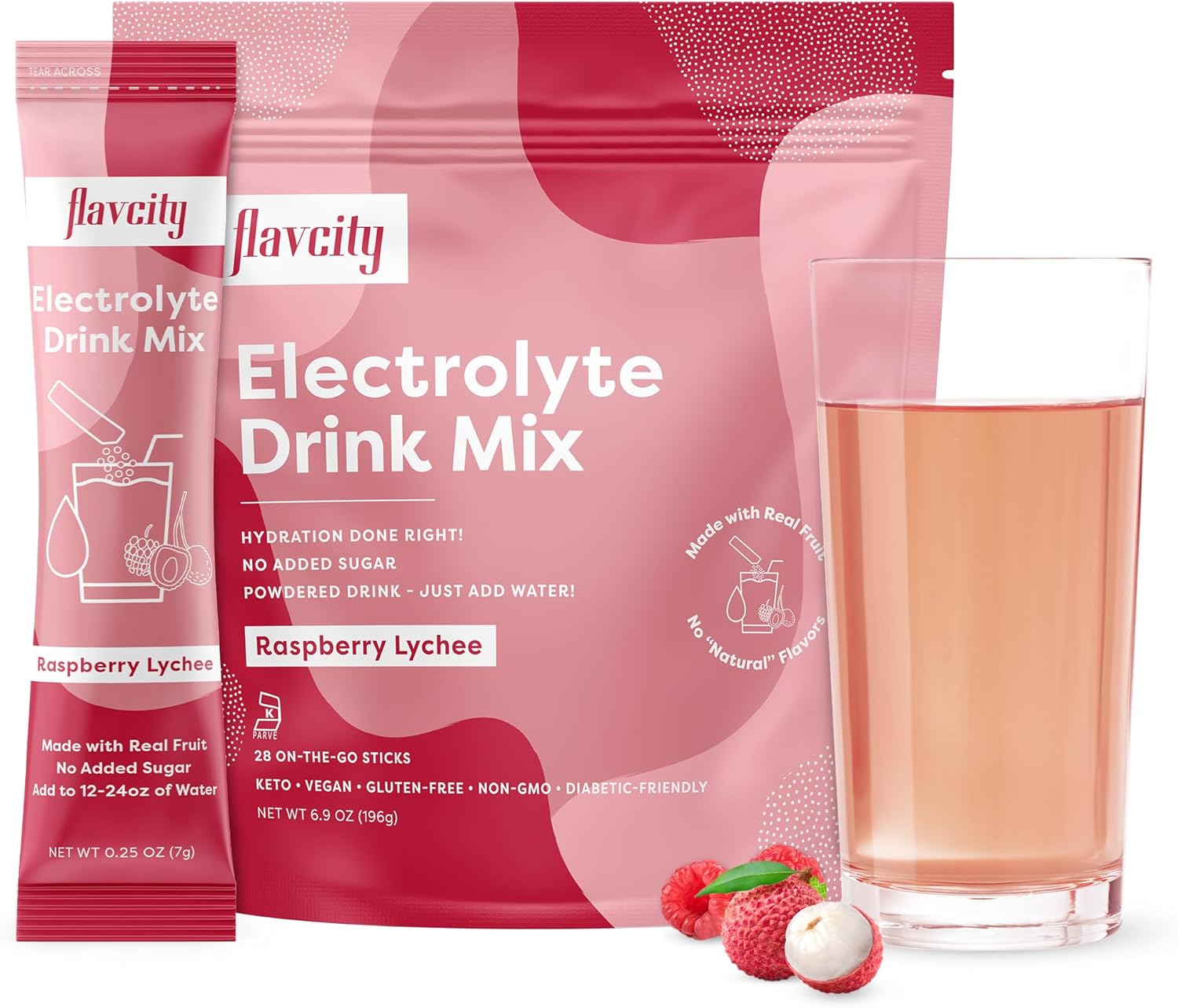 FlavCity Raspberry Lychee Electrolytes Drink Mix, 28 On-The-Go Stick Packs - Healthy Electrolytes Powder Packets Made with Real Fruit - Keto Powdered Drink with No Added Sugar, Gluten-Free