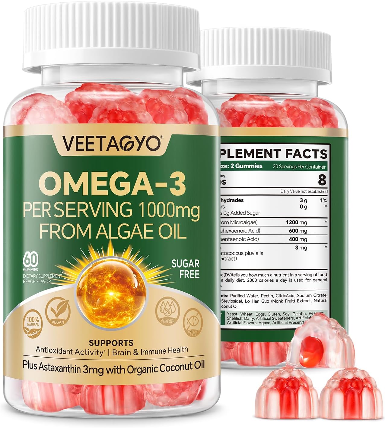 Vegan Omega 3 Gummies 1200Mg - Dual Layer - Fish Oil Alternative, Marine Algae Omega 3 Supplement Dha 600Mg, Epa 400Mg With Astaxanthin For Antioxidant,Brain,Bone,Joint,Eye,Sugar Free,60 Cts