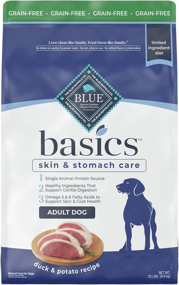 Blue Buffalo Basics Skin & Stomach Care, Grain Free Natural Adult Dry Dog Food, Duck & Potato 22-lb